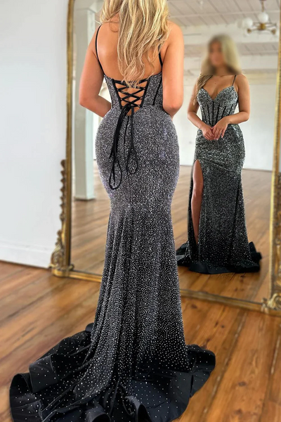 Sparkly Black Beaded Corset Long Prom Dresses,BD93140