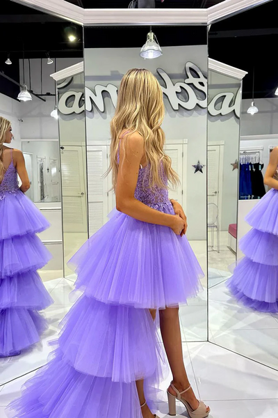 Lilac Tulle V Neck High Low Prom Dresses,BD93206