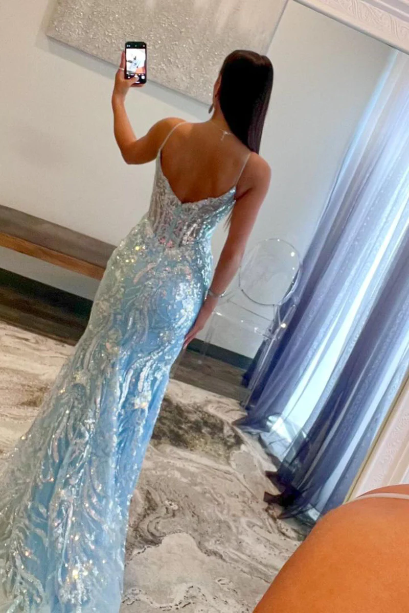blue tight sparkly dress Scala 61350 Prom Long Sequins Dress - Corn Color - Spaghetti Straps - Full Length main image 1