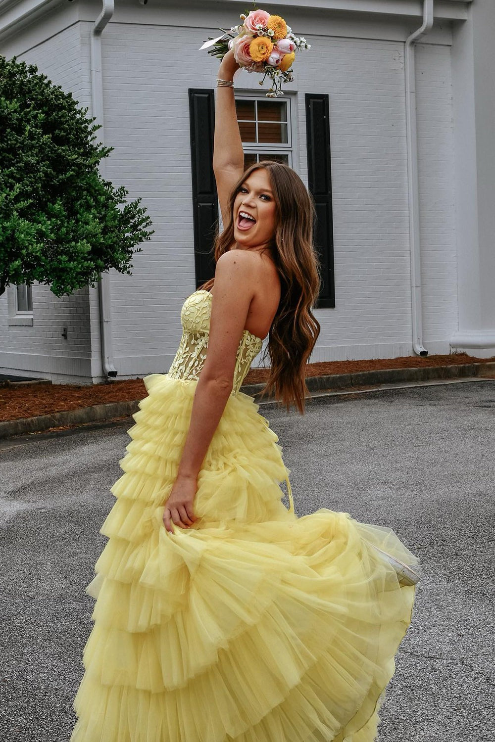Cute Sweetheart Yellow Tiered Tulle Long Prom Dresses luladress Cute Sweetheart Yellow Tiered Tulle Long Prom Dresses luladress