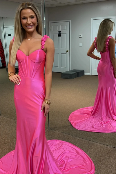 Hot Pink Floral Straps Satin Long Mermaid Prom Dresses,BD93115