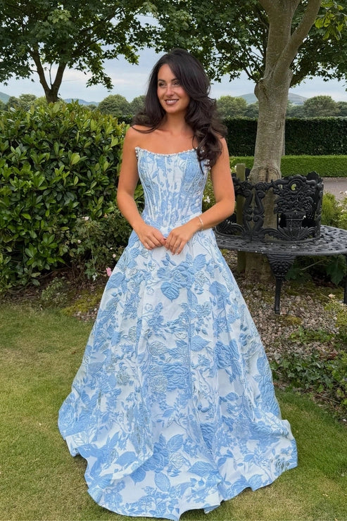A Line Scoop Neck Jacquard Long Satin Prom Dresses