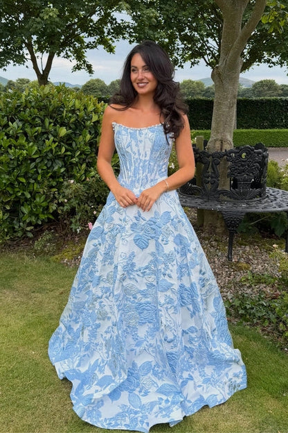 A Line Scoop Neck Jacquard Long Satin Prom Dresses