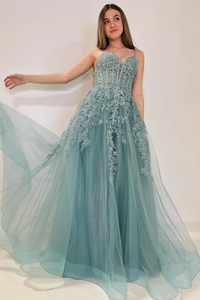 Spaghetti Straps Tulle A-Line Long Sweetheart Prom Dresses,BD93088