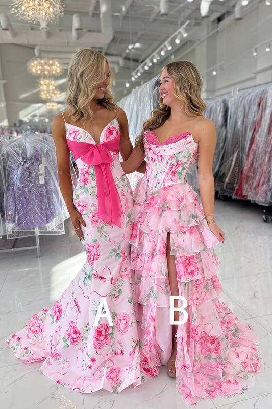 Robes de bal en satin à imprimé floral rose bonbon coupe trapèze