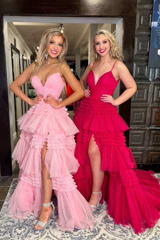 Pink V Neck Tiered Tulle Long Prom Dresses,BD93278