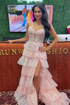 A Line Sweetheart Blush Pink Tulle Tiered Prom Dresses