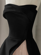 Black Satin Pink Tulle A Line Strapless Prom Dresses