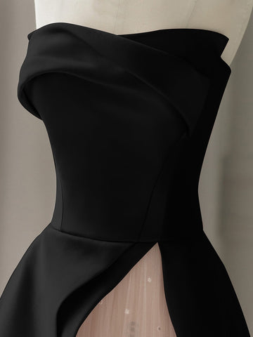Black Satin Pink Tulle A Line Strapless Prom Dresses