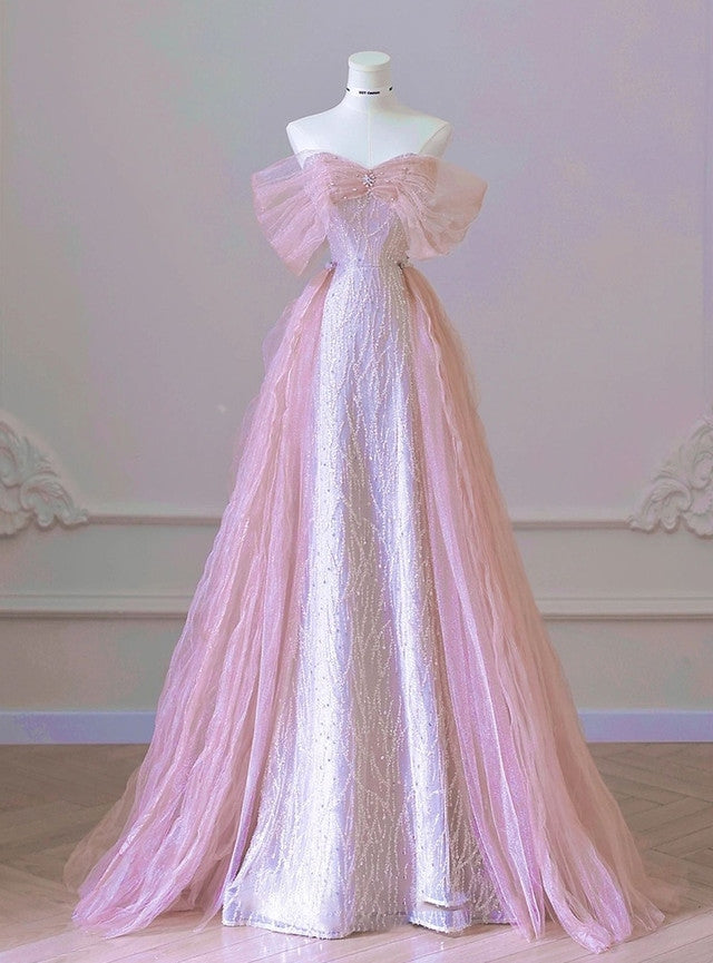 Robes de bal sirène sexy en tulle et sequins rose vif, avec épaules dénudées
