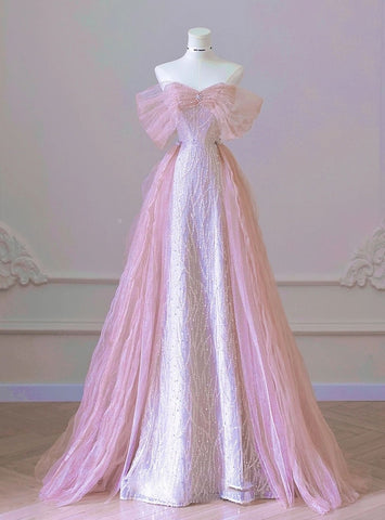 Sexy Pink Mermaid Tulle Sequins Off the Shoulder Prom Dresses
