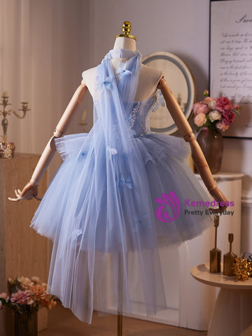 Blue Tulle Strapless Butterfly A Line Short Homecoming Dresses
