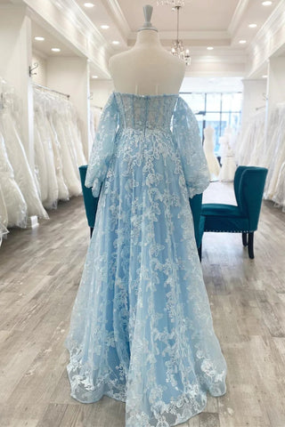 Blue Tulle Butterfly Long Sleeve A Line Prom Dresses