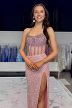 Mermaid Strapless Pink Sequins Beads Long Prom Dresses
