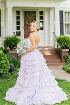 A Line Halter Floral Tulle Tiered Prom Dresses