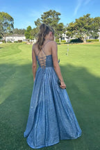 A-Line Satin Sweetheart Sparkly Long Prom Dresses