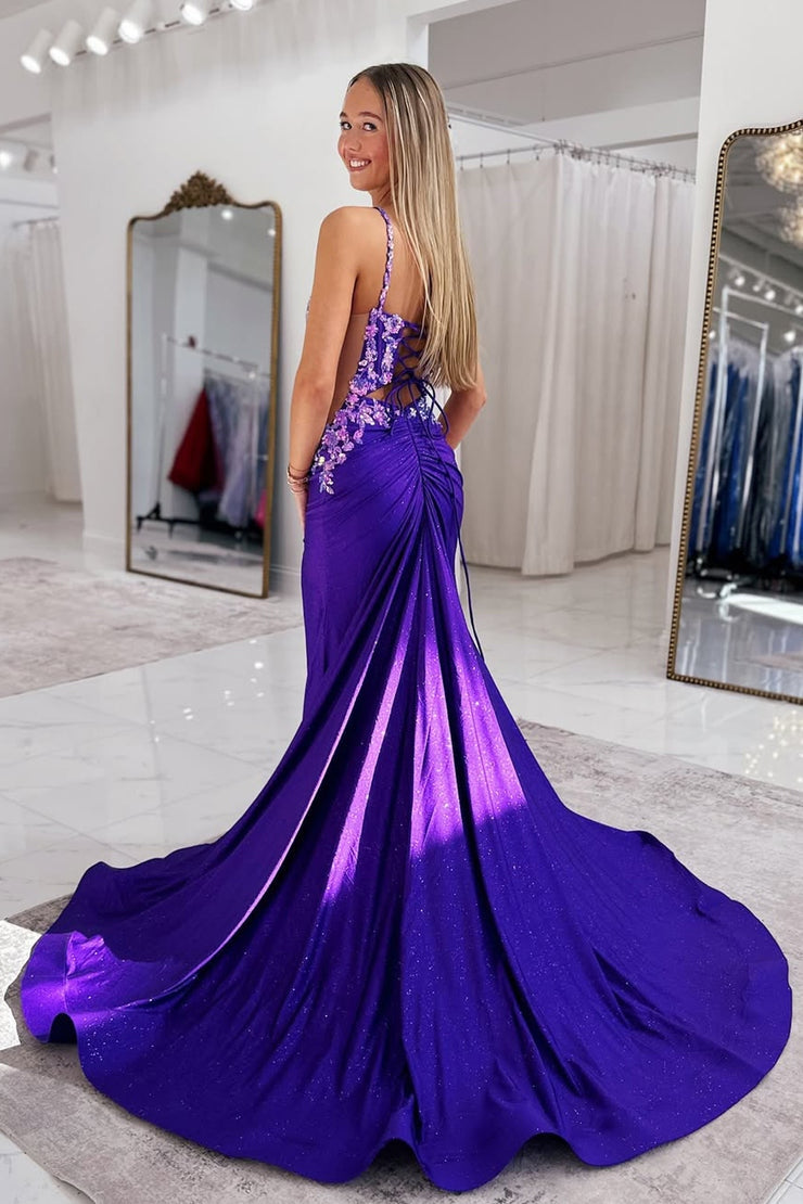 Mermaid Purple Satin Long  V Neck Prom Dresses