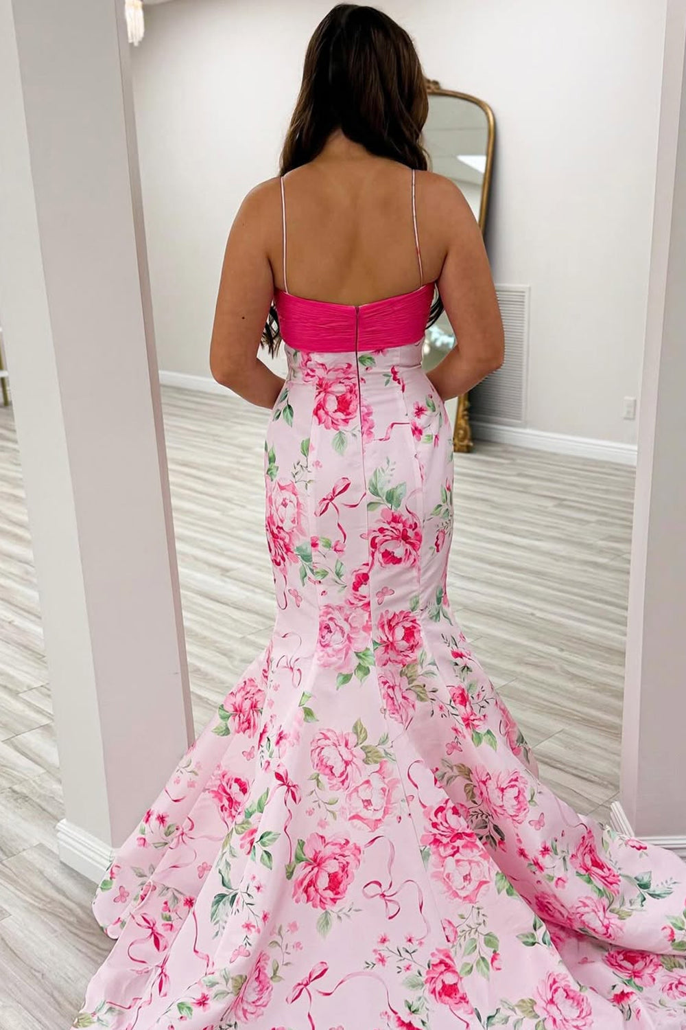 Mermaid V Neck Pink Floral Satin Long Prom Dresses