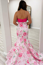 Mermaid V Neck Pink Floral Satin Long Prom Dresses