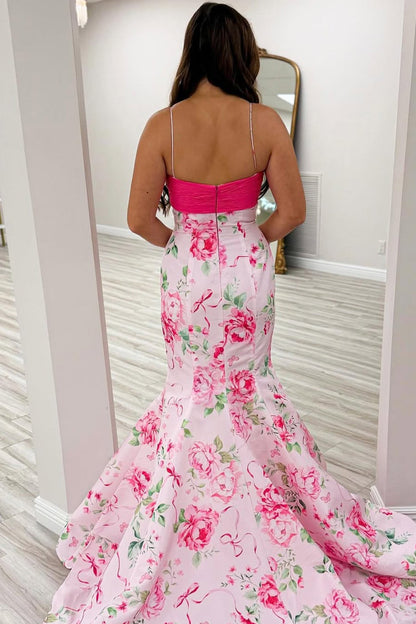 Robes de bal longues en satin rose fleuri avec col en V coupe sirène