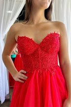 Sweetheart Backless Red Prom Dresses Tulle Ruffled Prom Dresses