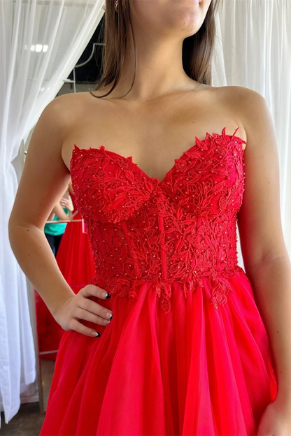Sweetheart Backless Red Prom Dresses Tulle Ruffled Prom Dresses