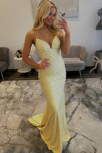 Satin V Neck Yellow Beaded Long Mermaid Prom Dresses