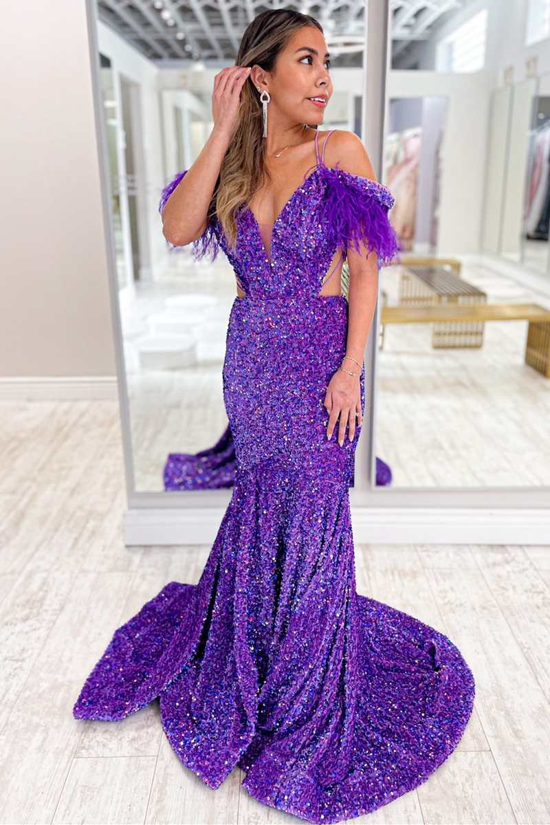 Purple Iridescent Sequin Feather Cold-Shoulder Cutout Mermaid Prom Dresses,BD93127