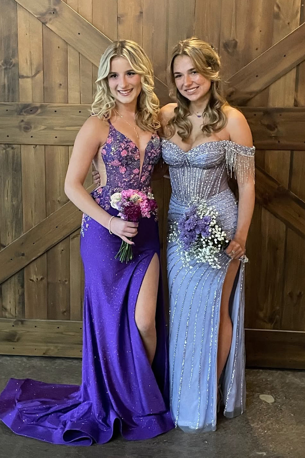 Mermaid V Neck Purple Satin Prom Dresses