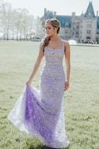 Mermaid Straps Lavender Long Tulle Prom Dresses