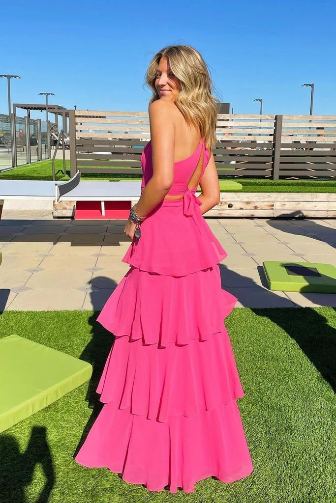 A Line V Neck Halter Pink Chiffon Tiered Prom Dresses