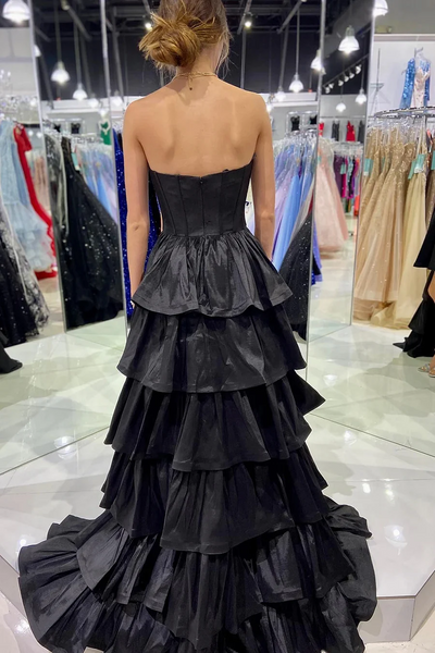 Simple Black A-Line Corset Sweetheart High Low Tiered Prom Dress,BD93285