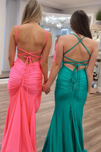 Simple Mermaid Spaghetti Straps Pink Satin Long Prom Dresses