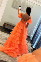 Ball Gown Orange Tulle Strapless Tiered Prom Dresses