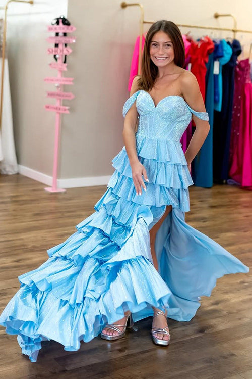 light blue ruffle prom dress A-Line Off the Shoulder Tiered Long Dresses – luladress Salwar Kameez Variant Free People Women's Emma's or formal occasions Color:Cadet