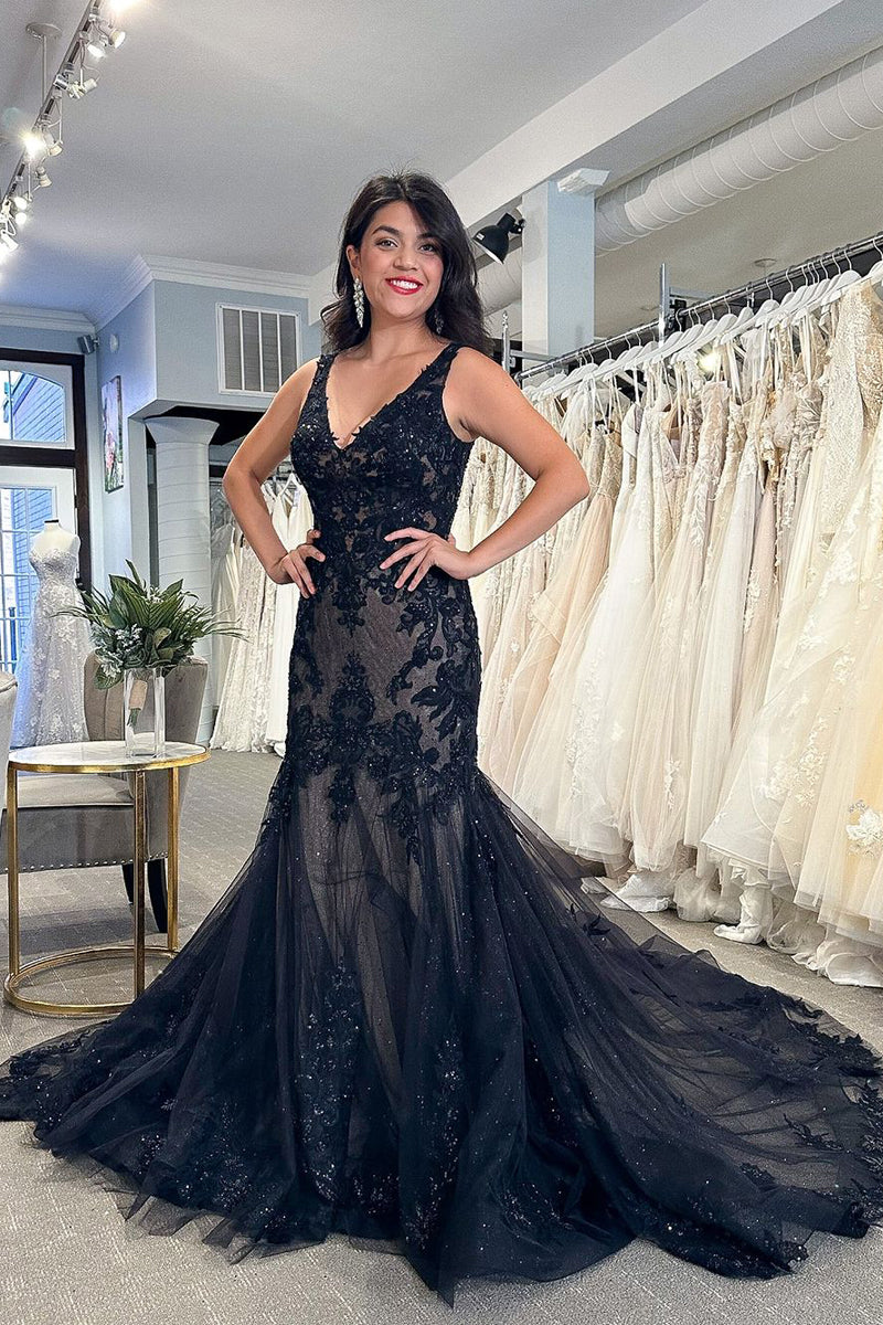 Black Mermaid V Neck Lace Appliques Prom Dresses  luladress