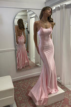 Scoop Neck Mermaid Pink Satin Long Prom Dresses