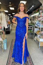 Mermaid Off the Shoulder Royal Blue Sequins Lace Prom Dresses