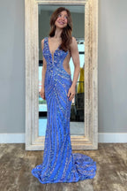 Mermaid Deep V Neck Blue Sequins Long Prom Dresses
