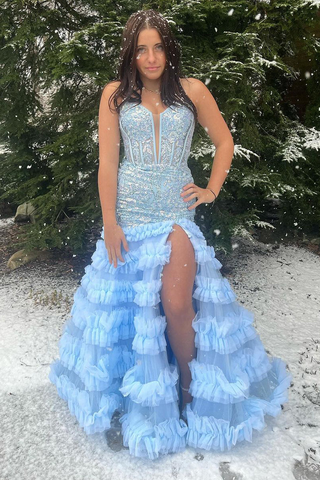 Light Blue Sweetheart Sequins Lace Prom Dresses,BD93241