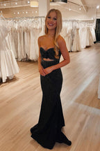 Charming Mermaid Sweetheart Black Satin Long Prom Dresses