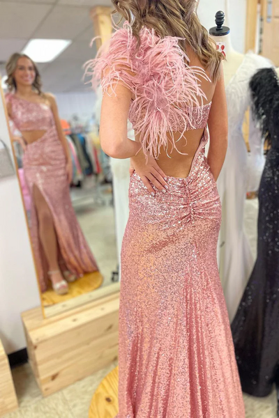 Blush Pink One Shoulder Sequins Long Prom Dresses,BD93310