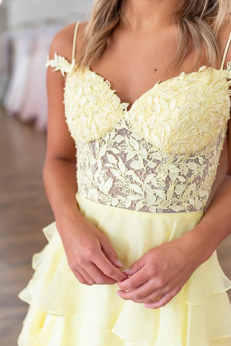 A Line Off the Shoulder Daffodial Chiffon Slit Prom Dresses