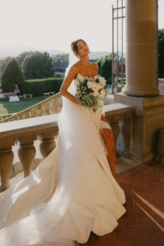 Charming A Line Strapless White Satin Long Wedding Dresses