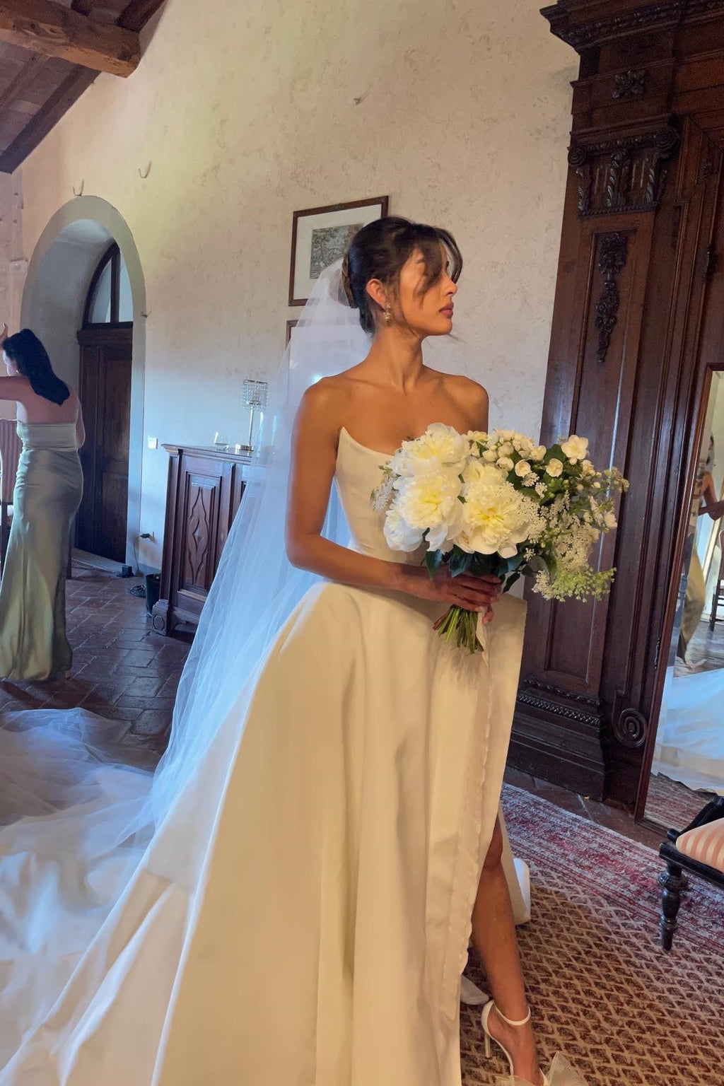 Charming A Line Strapless White Satin Long Wedding Dresses