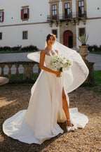 Charming A Line Strapless White Satin Long Wedding Dresses