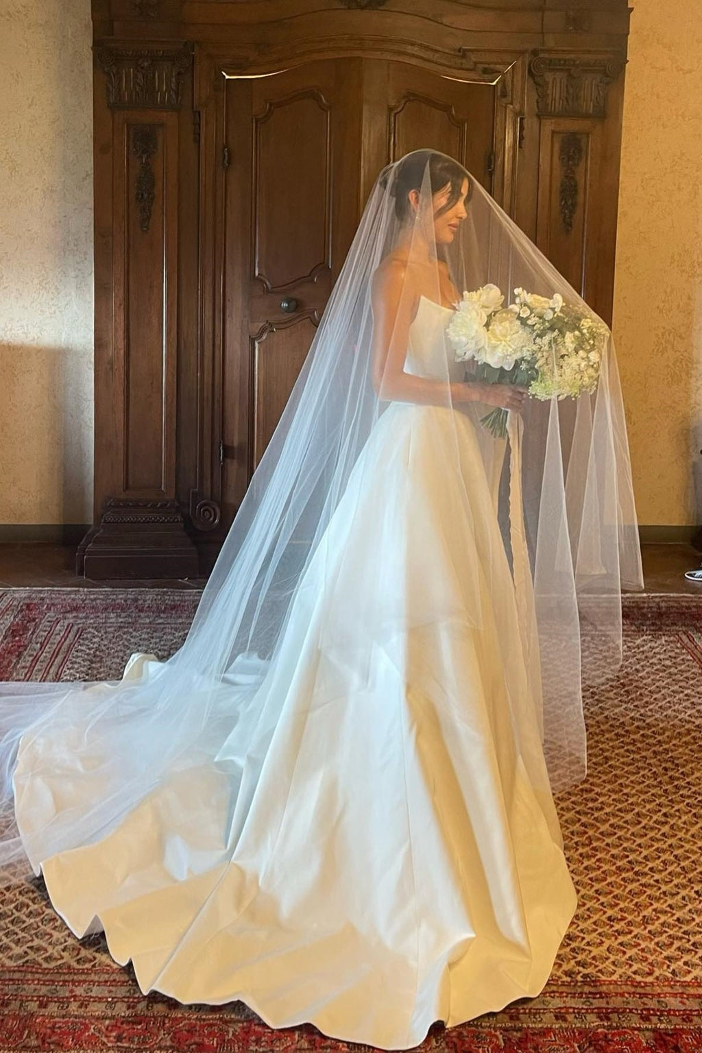 Charming A Line Strapless White Satin Long Wedding Dresses