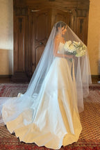 Charming A Line Strapless White Satin Long Wedding Dresses