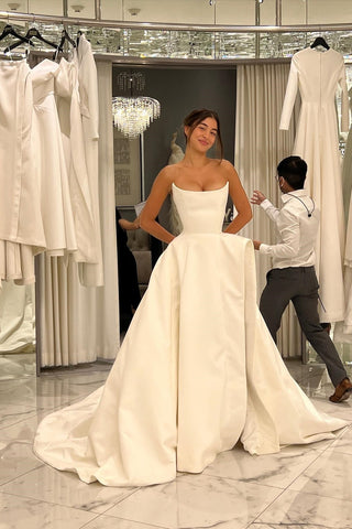 Charming A Line Strapless White Satin Long Wedding Dresses