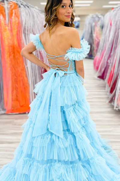 Light Blue Off the Shoulder Ruffle Tiered Long Prom Dresses,BD93166